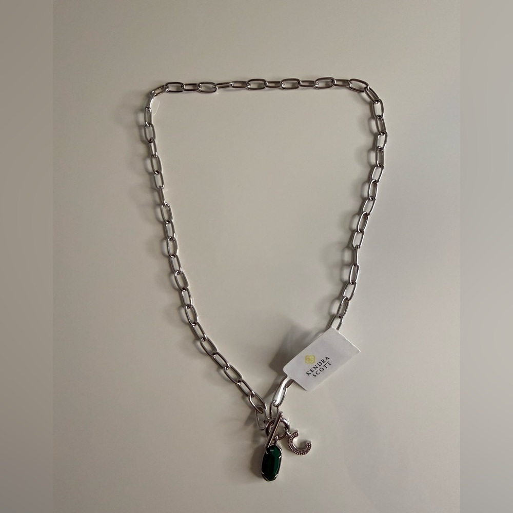 NWT Kendra Scott Silver Necklace with Dark Green Stone Charm and “C” Charm